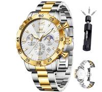 OLEVS Watch Men Luxury Big Wrist Face Analog Quartz Mens Watches Stainless Steel Waterproof Luminous Date Dress Chronograph Moon Phase Relojes para Hombres, G3678-Gold Silver, ROUND, Luxury Watch
