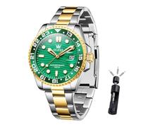 OLEVS Watch Men Luxury Easy Reader Big Face Analog Quartz Waterproof Stainless Steel Luminous Date Rotatable Bezel Dress Watches for Men Two Tone Casual Mens Wrist Watch, G3610-Silver Gold-Green