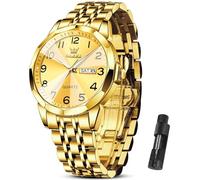 OLEVS Watch Men Luxury Watches for Men （Silver/Gold/Blue/Black）(Diamond/Roman Numeral/Arabic Numeral) Dial Watches Stainless Steel Watch Date Waterproof Dress Casual Reloj, Gold Band Gold Arabic