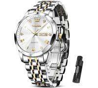 OLEVS Watch Men Luxury Watches for Men (Silver/Gold/Blue/Black)(Diamond/Roman Numeral/Arabic Numeral) Dial Watches Stainless Steel Watch Date Waterproof Dress Casual Reloj, Two Tone Band White Face
