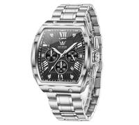 OLEVS Watches for Men Analog Quartz Luxury Diamond Waterproof Chronograph Stainless Steel Big Face Square Date Moon Phase Roman Numeral Dress Mens Watches, Silver black, Square, Luxury Watch