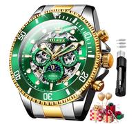 OLEVS Watches for Men Automatic Mechanical Luxury Dress Big Face Self Winding Tourbillon Skeleton Luminous Wrist Watches, G6715:Two tone strap & green dial, Luxury Business Casual Classic Party