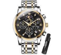 OLEVS Watches for Men Dress Watch Chronograph Luxury Stainless Steel Big Face Men Watches Multi-Function Easy to Read Diamond Roman Numerals Business Wristwatch Reloj para Hombre, Gold Silver Band