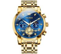 OLEVS Watches for Men Luxury Gold Stainless Steel Analog Quartz Men's Chronograph Watch Big Face Roman Numerals Tourbillon Dial Mens Watches Classic Blue Diamond Waterproof Luminous Men's Watch
