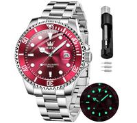 OLEVS Watches for Men Quartz Fashion Business Waterproof Analog Stainless Date Week Diamond Luminous Mens Watch, Red&Silver