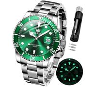 OLEVS Watches for Men Stainless Steel Analog Quartz Chronograph Moon Phase Watch Waterproof Date Luminous Wrist Male Watches,Gift for Men, 5885:Silver&Green, simplicity