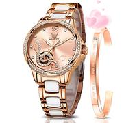 OLEVS Watches for Women Automatic Mechanical Self Winding Rose Gold Ladies Watch Diamond Dress Ceramic Bracelet Waterproof Female Wrist Watch, Pink Dial, Elegant Dress Watch