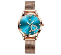 OLEVS Watches for Women Big Face Rose Gold Stainless Steel Mesh Strap Women Watch Arabic Numerals Blue Dial Analog Quartz Women's Watch Luxury Heart Diamond Waterproof Ladies Watches