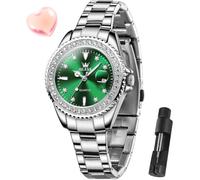 OLEVS Watches for Women with Diamonds with Date, Luxury Leather, Waterproof, Stainless Steel Analog Wristwatch, Women's Watch with Luminous Calendar, Green/Silver/Red Dial, Women's Green Watch, Art