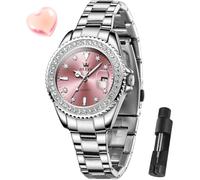 OLEVS Watches for Women with Diamonds with Date, Luxury Leather, Waterproof, Stainless Steel Analog Wristwatch, Women's Watch with Luminous Calendar, Green/Silver/Red Dial, Pink Watch for Women, Art