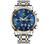 OLEVS Watches Men Gold Silver Two Tone Stainless Steel Chronograph Watch for Men Roman Numerals Diamond Analog Quartz Men's Watch Big Face Classic Blue Waterproof Luminous with Date Mens Watches