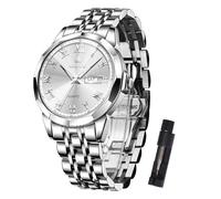 OLEVS Watches Mens Waterproof Quartz Watch Silver Stainless Steel Band Wrist Watch Day Date Display 30M Water Resistant Business Wristwatch Luxury Watches for Men