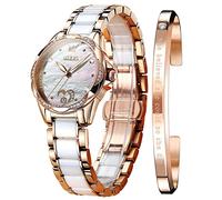 OLEVS Women Automatic Mechanical Watches Self Winding Rose Gold Two Tone Ceramic Strap Diamond Love Heart Dial Fashion Elegant Dress Ladies Wrist Watches Waterproof Luminous, White Dial, bracelet