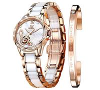 OLEVS Women Automatic Mechanical Watches Self Winding Rose Gold Two Tone Ceramic Strap Diamond Love Heart Dial Fashion Elegant Dress Ladies Wrist Watches Waterproof Luminous, Musical Note White Dial,