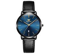 OLEVS Women Wrist Watches Ultra Thin 6.5mm Minimalist Business Dress Waterproof Date Black Leather Blue Face Strap Slim Watches for Women