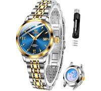 OLEVS Womens Automatic Watch Gold Luxury Diamond Self Winding Ladies Wrist Watches Waterproof Luminous Date, L9956: Two tone band & Blue dial, Elegant