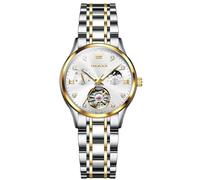 OLEVS Women's Automatic Watch Luxury with Diamonds Moon Phase Self-Winding Stainless Steel Watch with 30 m Waterproof Luminous Hands Blue Dial Elegant Women's Watches for Evening Fashion Business Gift