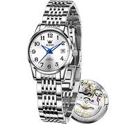 OLEVS Womens Automatic Watch, Premium Small Face Diamond Accented Self Winding Watches for Women, Fashion Waterproof Ladies Dress Watch, Silver, ROUND, Women Silver Watch