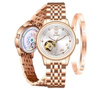 OLEVS Womens Automatic Watches Luxury Diamond Dress Watch for Woman Self Winding Ceramic Strap Waterproof Watch and Bracelet Set for Ladies, 6732:Rose Gold&White Dial