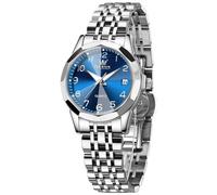 OLEVS Women's Modern Stainless Steel Watch - Analogue Quartz Arabic Numerals, Luminous Waterproof with Small Dial Date, 9970 Blue Dial/Silver Bracelet