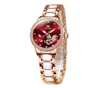 OLEVS Women's Rose Gold Automatic Watches Skeleton Mechanical Ladies Elegant Luxury Wristwatch Diamond Ceramic Band Butterfly Self Winding Dress Watch, Koi Fish/Red, Japanese