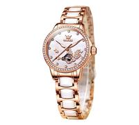 OLEVS Women's Rose Gold Automatic Watches Skeleton Mechanical Ladies Elegant Luxury Wristwatch Diamond Ceramic Band Butterfly Self Winding Dress Watch, Koi Fish/White, Japanese