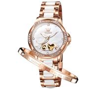 OLEVS Women's Rose Gold Automatic Watches Skeleton Mechanical Self Winding Ladies Elegant Luxury Dress Butterfly Diamond White Ceramic Band Watch Gift, Rose Gold/White, Japanese