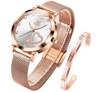 OLEVS Women's Rose Gold Watches Heart Diamond Japanese Quartz Movement Ladies Wristwatch Big Face Waterproof Mesh Belt Watch and Bracelet Set, Rose gold band and White dial, casual watch for women