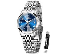 OLEVS Womens Watch Classic Dress Number Female Watches for Ladies Analog Quartz Stainless Steel Waterproof Luminous Day Date Two Tone Easy to Read Wristwatch, blue watch for women, women watch