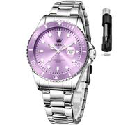 OLEVS Womens Watch Classic Dress Number Female Watches for Ladies Analog Quartz Stainless Steel Waterproof Luminous Day Date Two Tone Easy to Read Wristwatch, silver purple womens watch, women watch