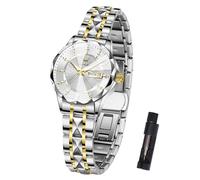 OLEVS Women's Watch Luxury Waterproof Day Date Diamond Wave Pattern Dial Business Analog Quartz Watches for Women Markers reloj de Mujer Gift Silver/Blue/Black/Gold/Two-Tone, Gold Silver Band White