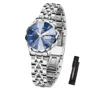 OLEVS Women's Watch Luxury Waterproof Day Date Diamond Wave Pattern Dial Business Analog Quartz Watches for Women Markers reloj de Mujer Gift Silver/Blue/Black/Gold/Two-Tone, Silver Band Blue