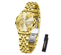 OLEVS Women's Watch Luxury Waterproof Day Date Diamond Wave Pattern Dial Business Analog Quartz Watches for Women Markers reloj de Mujer Gift Silver/Blue/Black/Gold/Two-Tone, Gold Band Gold