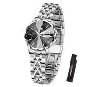 OLEVS Women's Watch Luxury Waterproof Day Date Diamond Wave Pattern Dial Business Analog Quartz Watches for Women Markers reloj de Mujer Gift Silver/Blue/Black/Gold/Two-Tone, Silver Band Black