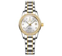 OLEVS Womens Watches Automatic Mechanical Luminous Luxury Dress Classic Waterproof Women's Wristwatches with Diamond Two Tone Stainless Steel Date, Gold&White