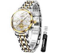 OLEVS Womens Watches Chronograph Luxury Diamond Dress Quartz Wrist Watches Stainless Steel Waterproof Luminous, 2897:Two tone band & White dial, L
