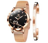 OLEVS Womens Watches Rose Gold Mesh Strap Fashion Dress Quartz Waterproof Luminous Watches for Women Bracelet Sets, Fashion Rose Gold:Black, Japanese