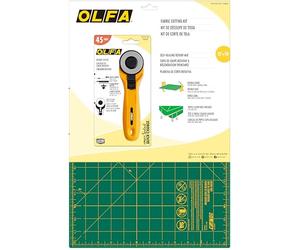 OLFA Fabric Cutting Kit with Green Mat & Yellow Rotary Cutter, Self-Healing Rotary Mat, 12x18 Inch, 45mm Rotary Cutter, RB45 Rotary Blade, Alloy Steel, for Sewing, Quilting