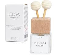 OLGA Car Air Freshener for Women - 8ml White Tea & Ginger Clip-on Diffuser with Wooden Reeds - Spa-Like Car Scent with Natural Essential Oils - Elegant, Long-Lasting & Refillable - Up to 30 Days
