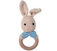 OLGS Teething Ring Crocheted Animals Lion with Integrated Baby Rattle, Grasping Toy Teether | Gift for Baby & Children Boy/Girl (Rabbit with Bow Tie)