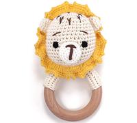 OLGS Teething Ring Crocheted Animals Lion with Integrated Baby Rattle, Grasping Toy Teether | Gift for Baby & Children Boy/Girl (Lion)