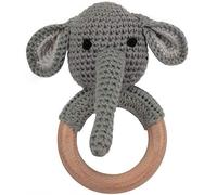 OLGS Teething Ring Crocheted Animals Lion with Integrated Baby Rattle, Grasping Toy Teether | Gift for Baby & Children Boy / Girl (Elephant)