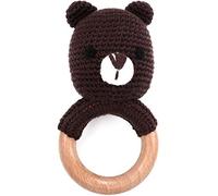 OLGS Teething Ring Crocheted Animals Lion with Integrated Baby Rattle, Grasping Toy Teething Ring | Gift for Baby & Children Boy / Girl (Bear)