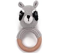 OLGS Teething Ring Crocheted Animals Lion with Integrated Baby Rattle, Grasping Toy Teething Ring | Gift for Baby & Children Boy/Girl (Raccoon)