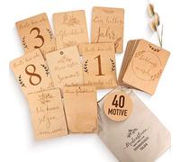 OLGS Wooden Milestone Cards Baby | 40 Milestones with Fabric Bag | Gift Idea for Expectant Mothers, Pregnant Women, Birth, Baby Shower | Hello World, 20 Wooden Discs Engraved on Both Sides - DIN A6