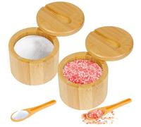 OLHAUYUAN 2Pcs Bamboo Salt Cellar Spice Box with Magnetic Swivel Lid & Spoon, Bamboo Storage Box Salt Container to Storage Pepper, Table Salt, Gourmet Salts, Spice, 6 oz