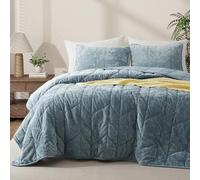 Oli Anderson Velvet Quilt Set Queen Size - Lightweight Bedspread Coverlet - Soft Velvet Comforter Set - Reversible Quilted Bedding Set for All Seasons - Ash Blue - 3 PCS (1 Quilt, 2 Pillow Shams)