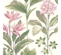 Oliana Floral Green Pink Wallpaper - Botanical Flowers Leaves Naturistic - Stylish Modern Feature Wall