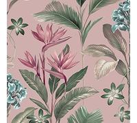 Oliana Pink Wallpaper Green Blue Teal Floral Tropical