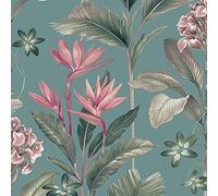 Oliana Teal Wallpaper Green Blue Pink Floral Tropical